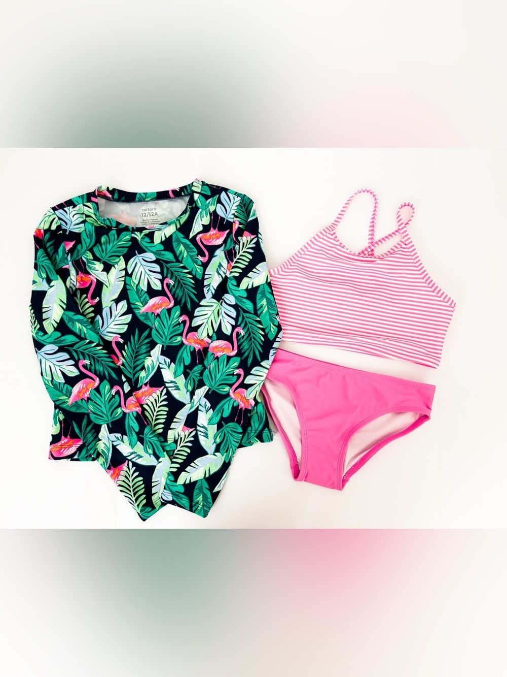 Carter's Flamingo & Pink Striped Girls Rashguard Swim Set Size 12